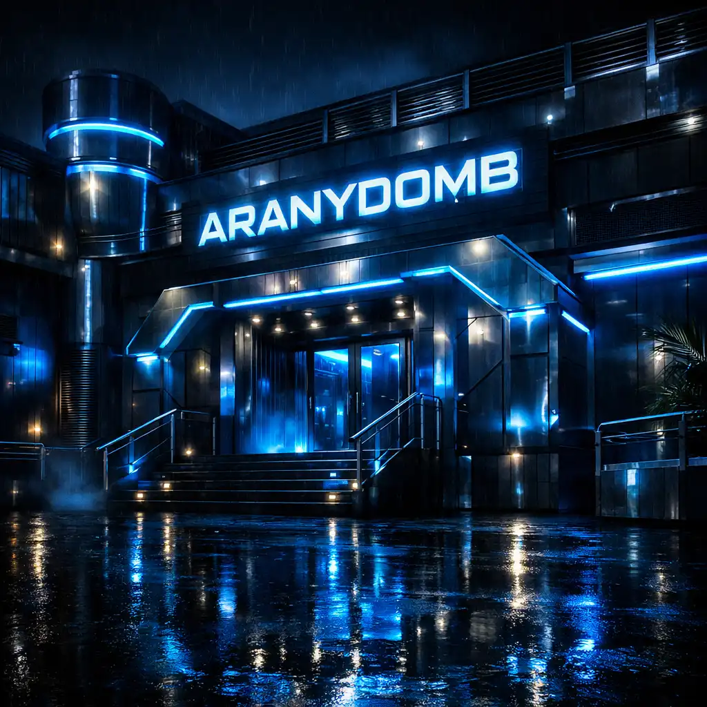 Az Aranydomb futurisztikus, neonfényben úszó budapesti homlokzata éjszaka