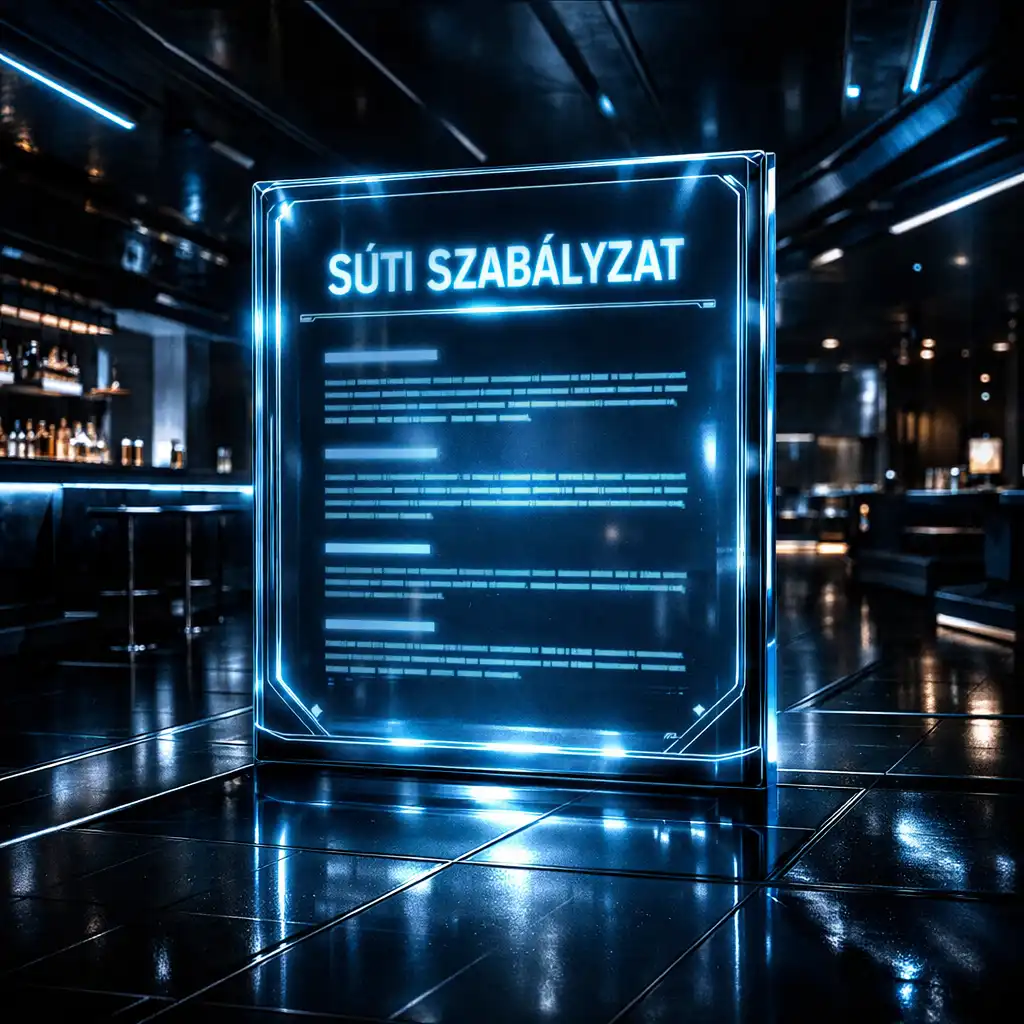 Neon fényekkel megvilágított cyber-indusztriális Aranydomb felület, amely a süti szabályzat technológiai hátterét szimbolizálja