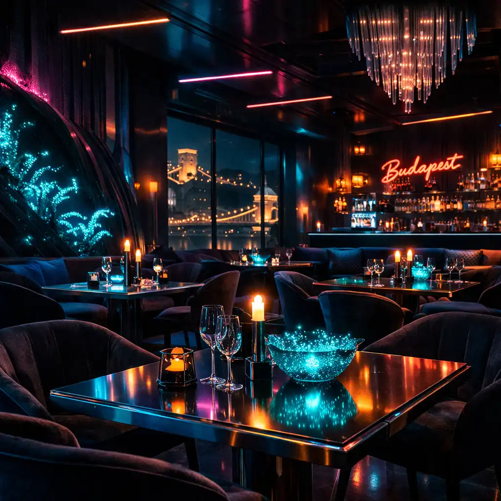 Aranydomb fine dining és lounge tér neon kék megvilágításban