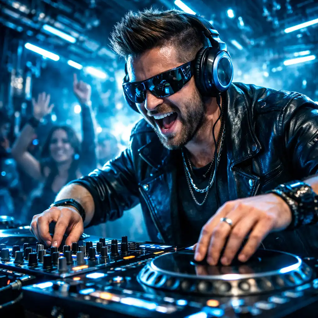 DJ pult neon fényekkel az Aranydomb éjszakai terében