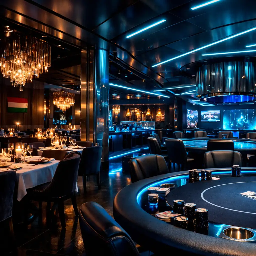 Neon kék fényekkel megvilágított Aranydomb terem, fine dining asztalokkal és tech-póker zónával