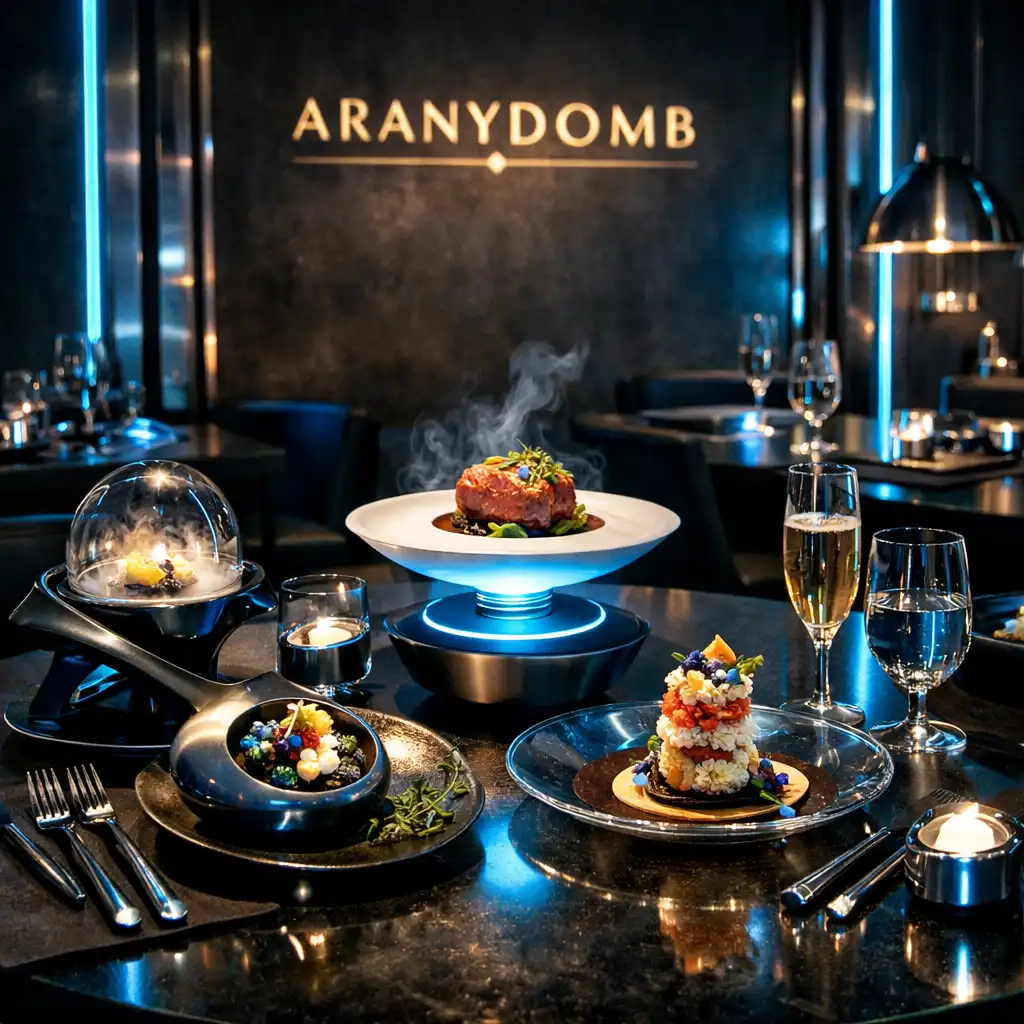 Futurista fine dining fogások neonfényes tálalással