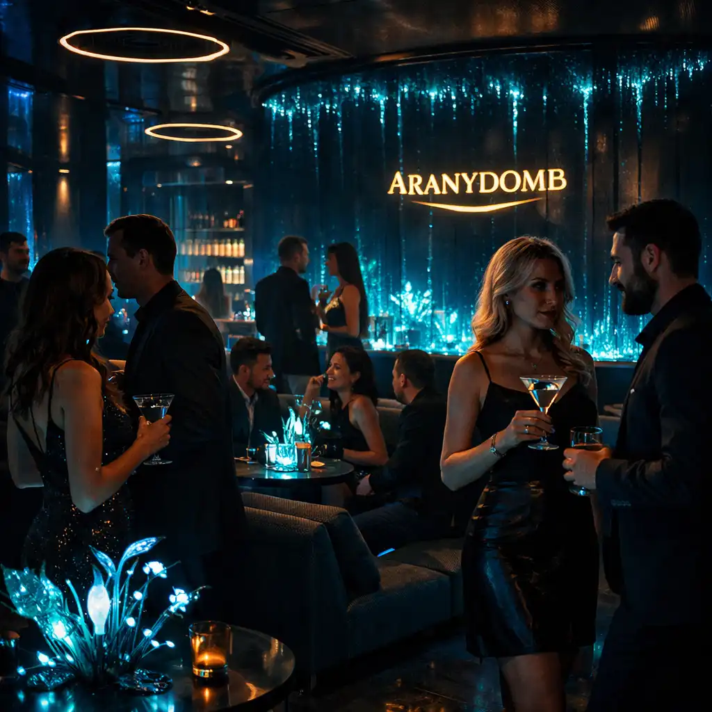 Aranydomb lounge és tánctér vendégekkel biolumineszcens fények alatt