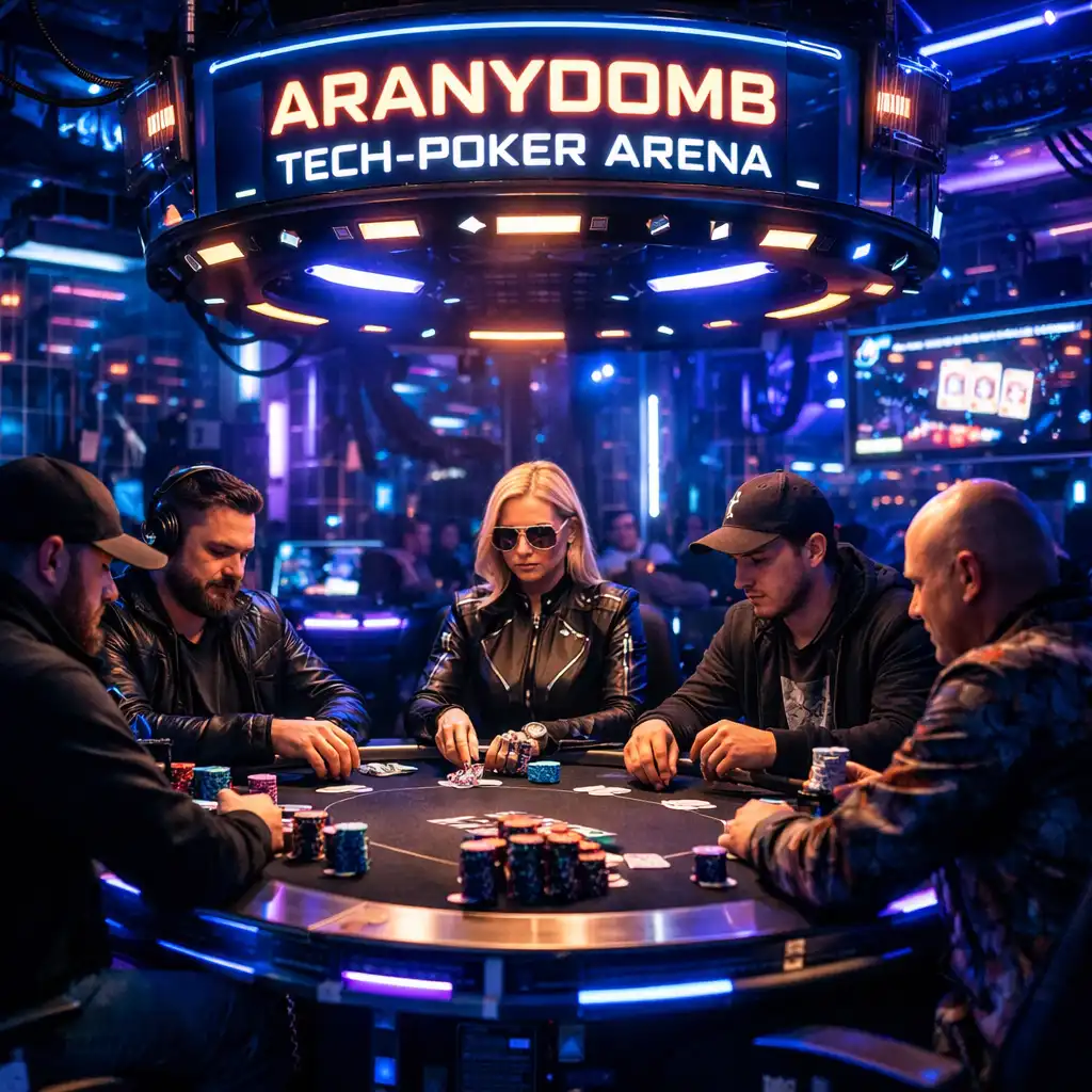 Tech-Póker Aréna high-stakes asztalai neonkék fényekben