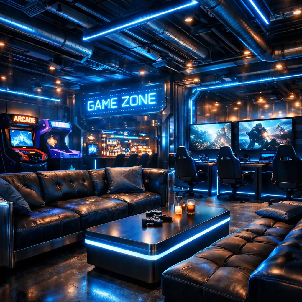 High-end gaming lounge neonkék fényekkel, konzolos zónákkal és prémium ülőhelyekkel