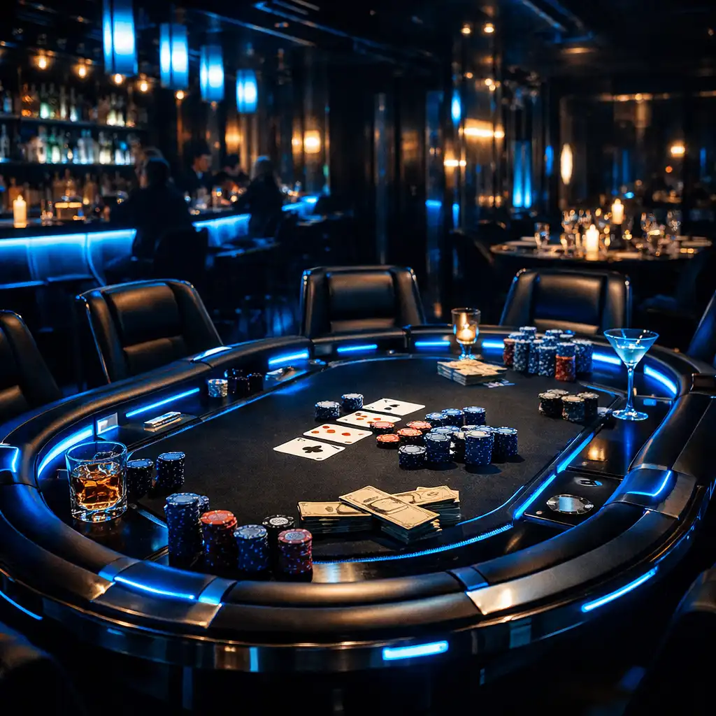 Luxus étterem és tech-póker asztalok neon fényben az Aranydombban