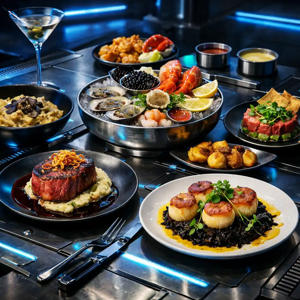 Megosztható gourmet főételek és falatok neon kék akcentusokkal