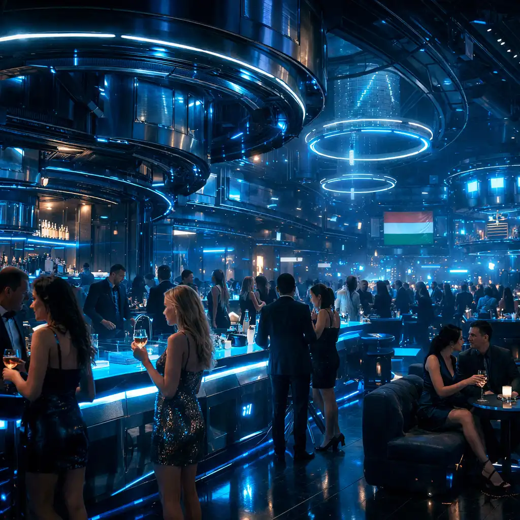 Neon fényekkel megvilágított Aranydomb éjszakai tánctér és gaming lounge