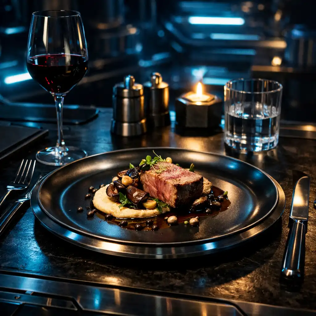 Fine dining fogás Aranydomb VIP asztalon futurisztikus tálalással