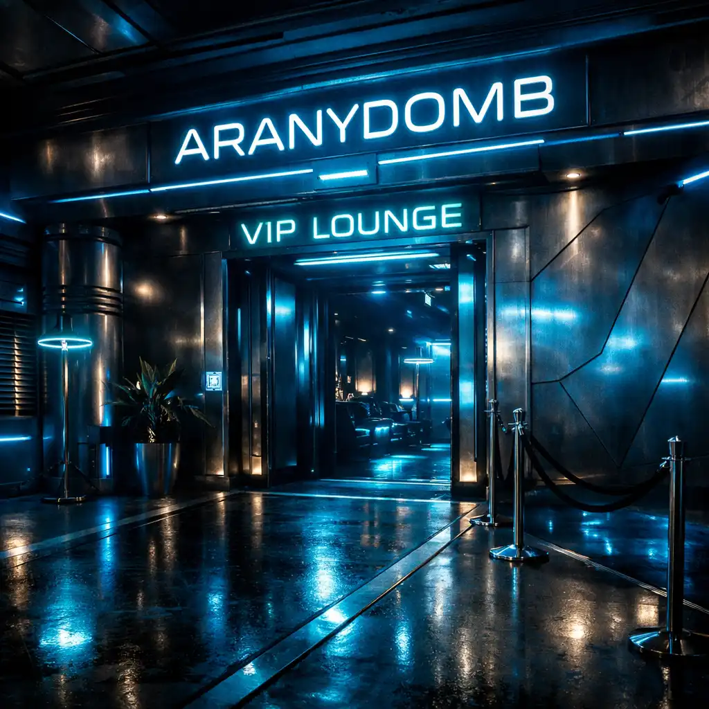 Cyber-indusztriális Aranydomb VIP Klub tér neonkék fényekkel és privát lounge-zónákkal
