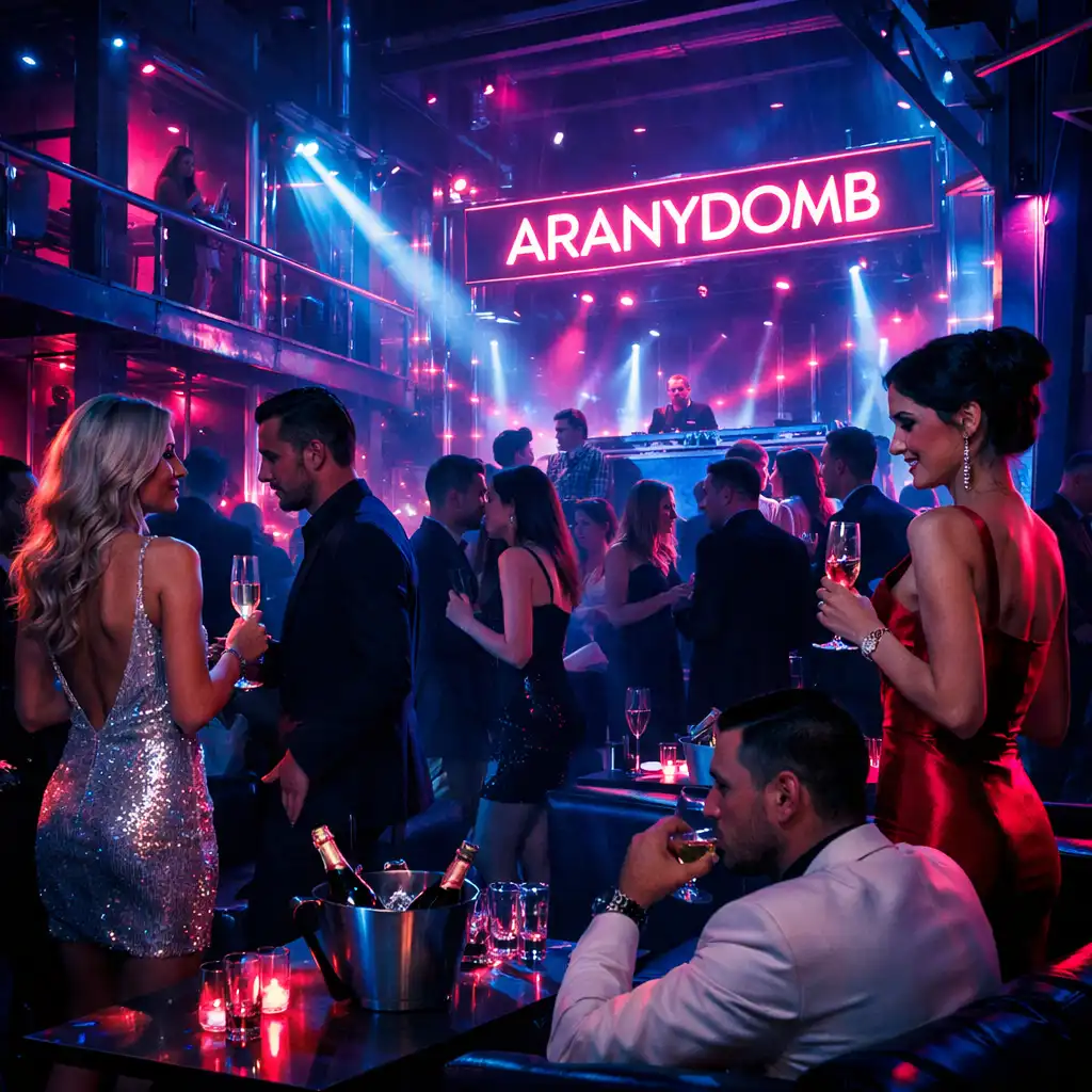 Aranydomb VIP éjszakai esemény neonkék fényekkel és exkluzív vendégkörrel